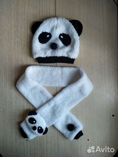 Комплект шапка, шарф панда белые детские