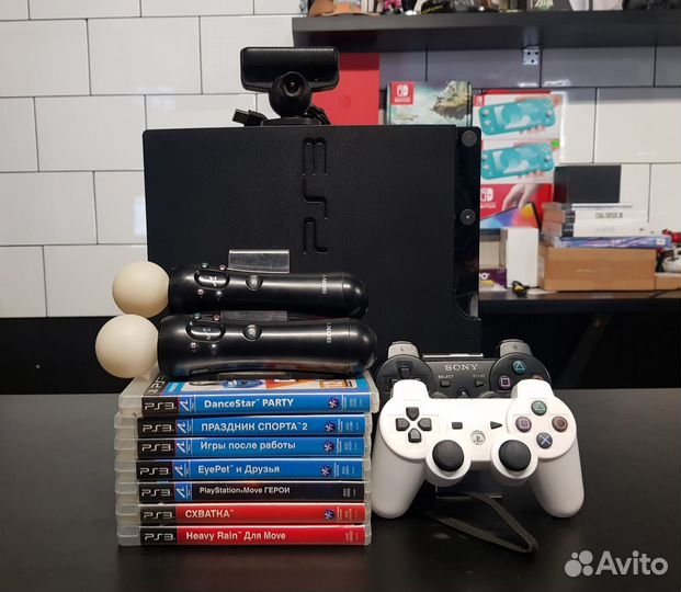 PS3 Slim 320Gb + джойстики + Move + игры