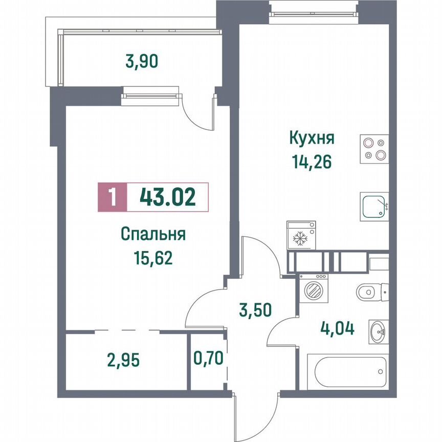 1-к. квартира, 43 м², 7/16 эт.