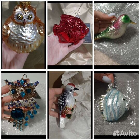 Елочная игрушка стекло рыбка сова птичка