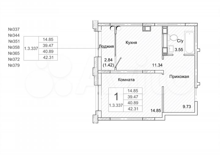 1-к. квартира, 42,3 м², 2/9 эт.
