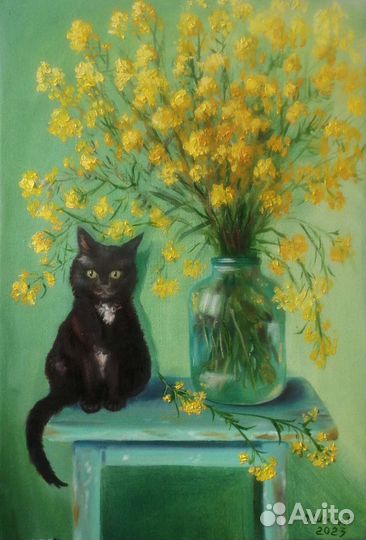 Картина маслом. Желтые цветы и котенок. 60х40