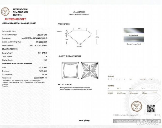 Бриллиант CVD princess (1.51ct E/VS1)
