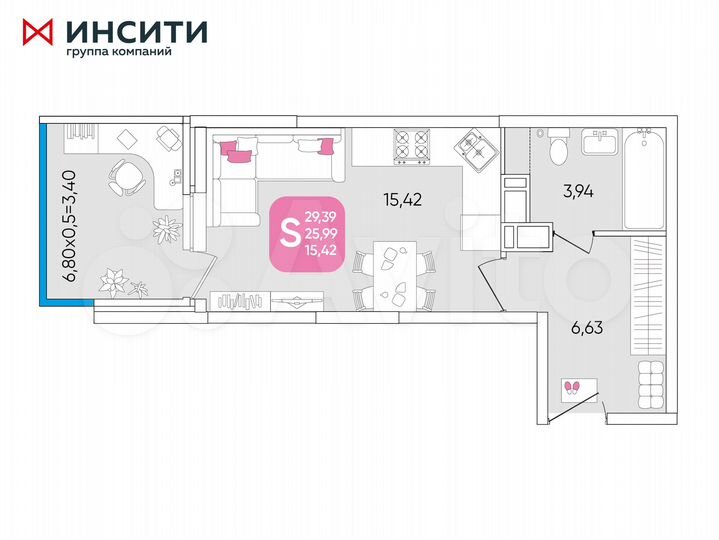 Квартира-студия, 29,4 м², 20/24 эт.