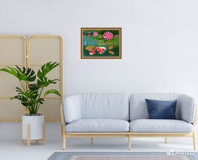 Водные лилии кои рыбки картина маслом 40 на 30