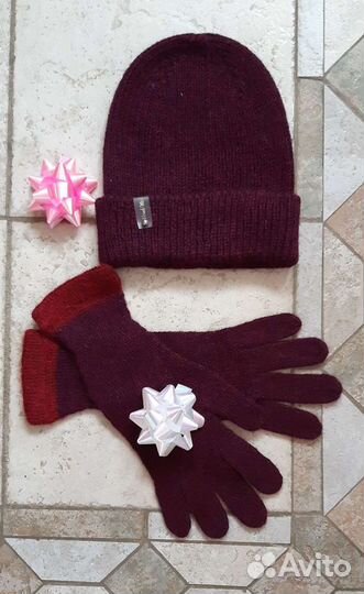 Шапка бини с женская вязаная комплект с перчатками