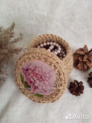 Корзина вязанная из джута с крышкой