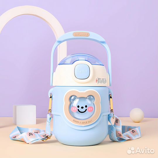 Термокружка синяя новая с мишкой