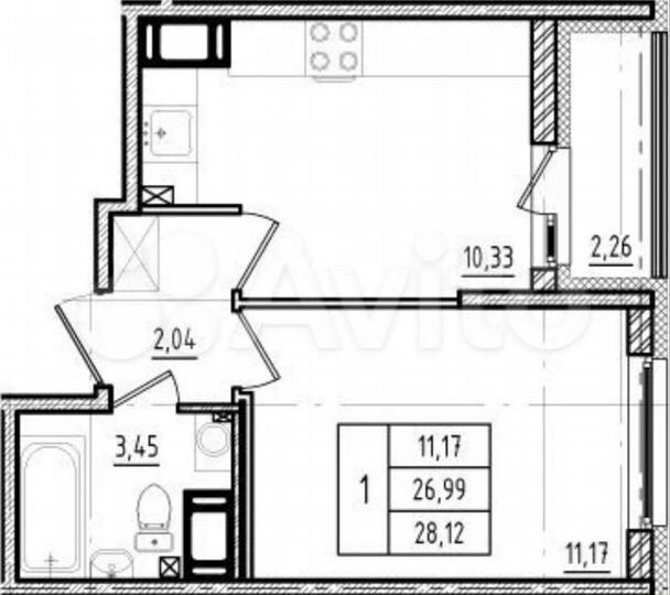 1-к. квартира, 29,3 м², 12/16 эт.