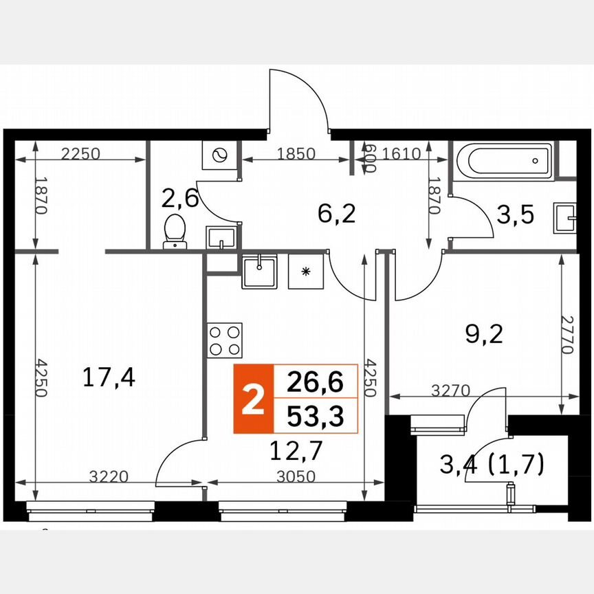 2-к. квартира, 53,3 м², 16/27 эт.