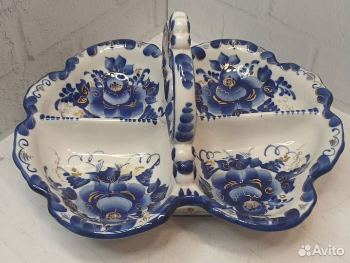 Гжель ваза менажница, авторская Бидак