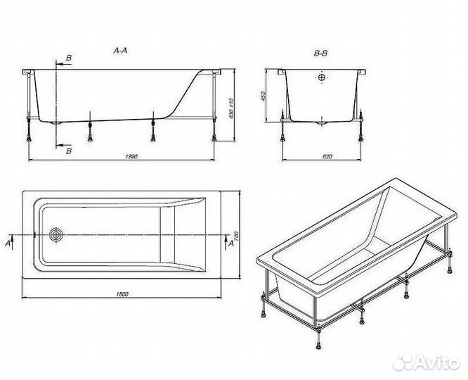 Ванна Roca Easy ZRU9302904 без опоры 150x70 см №r2