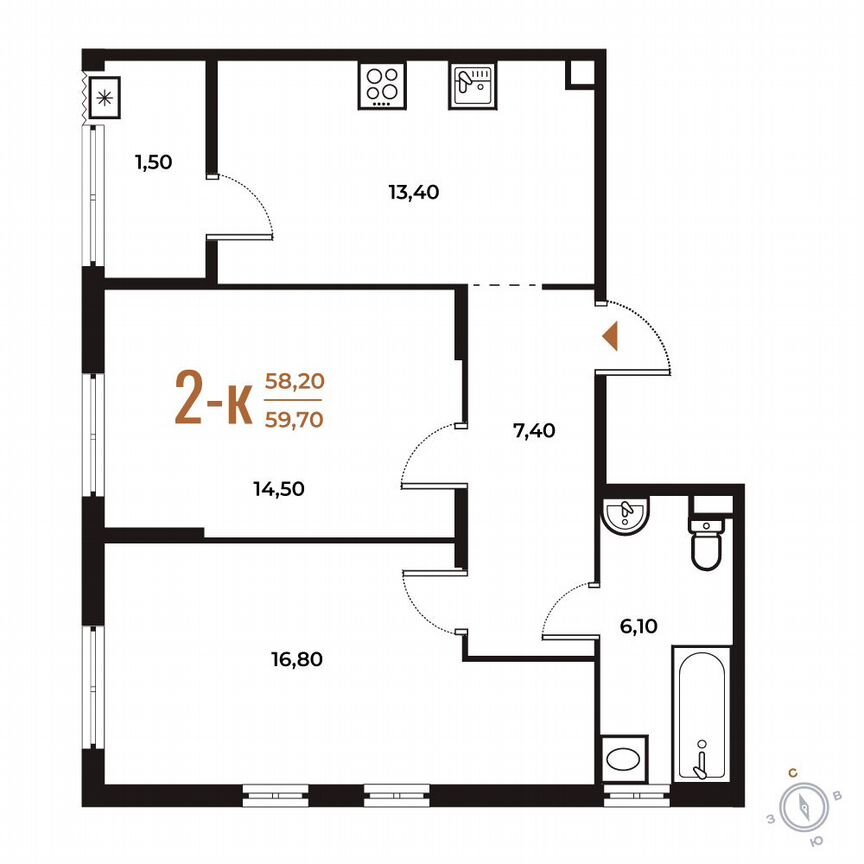2-к. квартира, 59,7 м², 2/8 эт.