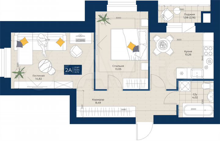 2-к. квартира, 51,7 м², 5/5 эт.