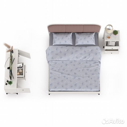 Гарнитур спальный с тв-тумбой и кровать с мягкой спинкой Валенсия № 40, цвет белый шагрень/ткань вел