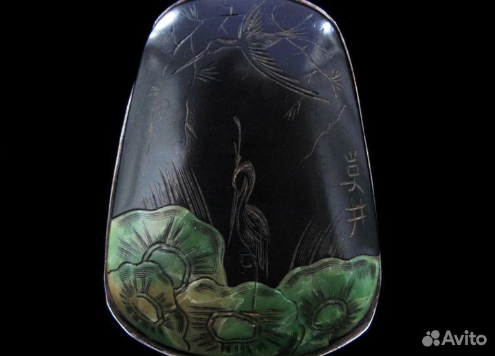 Япония Антикварный Резной Кулон Цапли и Кувшинки