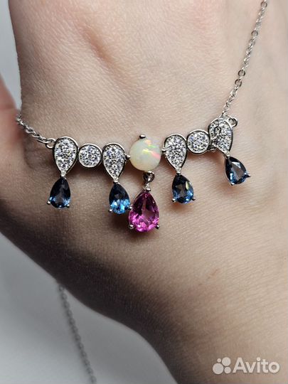 Серебряное колье люкс опал, топазы микс