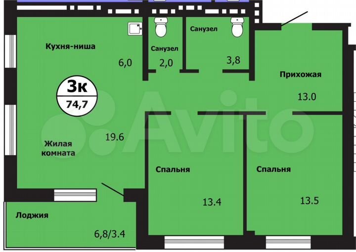 3-к. квартира, 74,4 м², 5/19 эт.