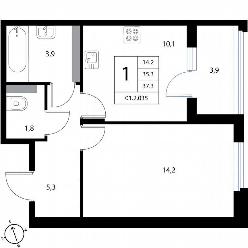 1-к. квартира, 37,3 м², 3/3 эт.