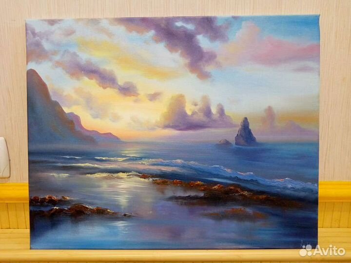 Картина маслом пейзаж море лодка цветы