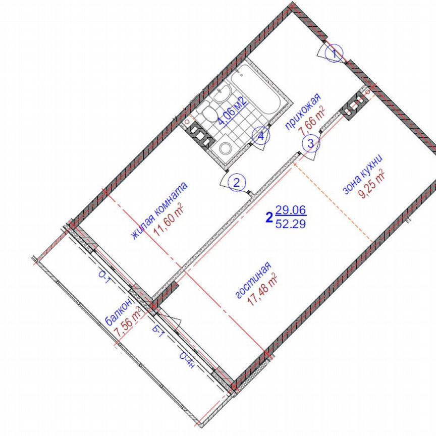 1-к. апартаменты, 52,3 м², 3/9 эт.