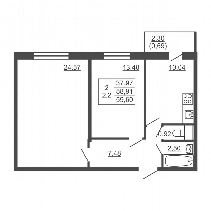 2-к. квартира, 59,6 м², 11/16 эт.