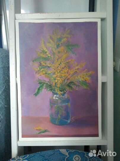 Картина маслом. Ветка мимозы