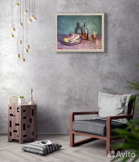 Картина маслом Натюрморт с виски и сыром