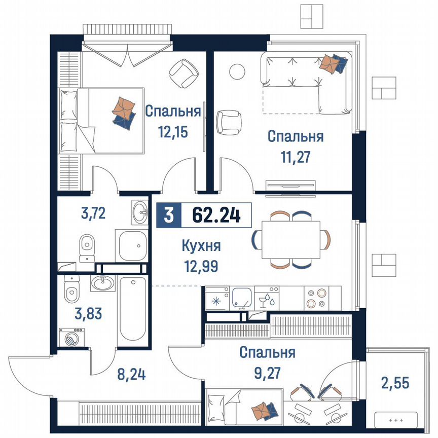 3-к. квартира, 62,2 м², 16/18 эт.