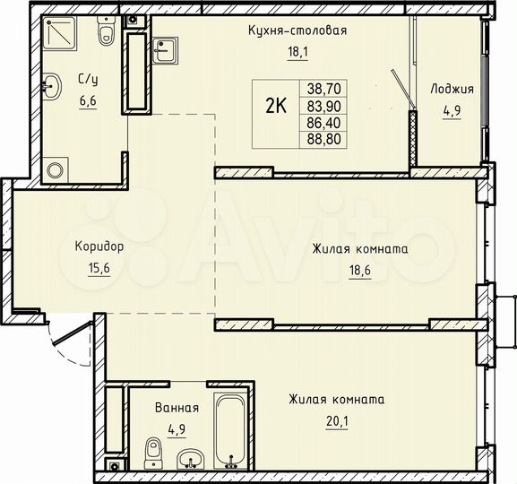 2-к. квартира, 86,4 м², 13/24 эт.