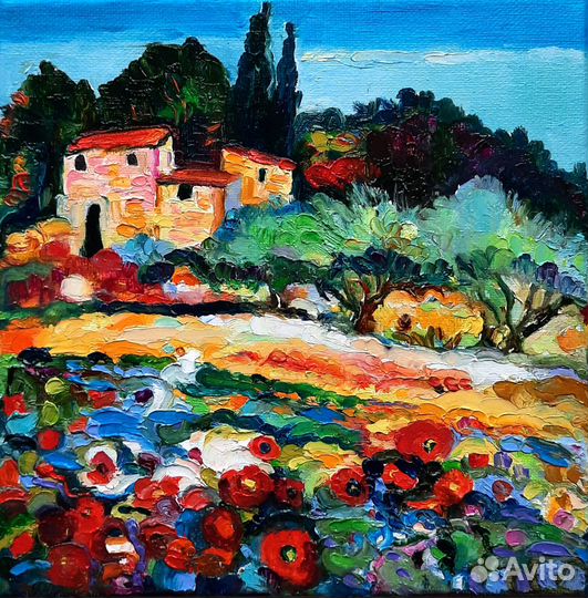 Картина маслом Прованс летом холст 20 см на 20см