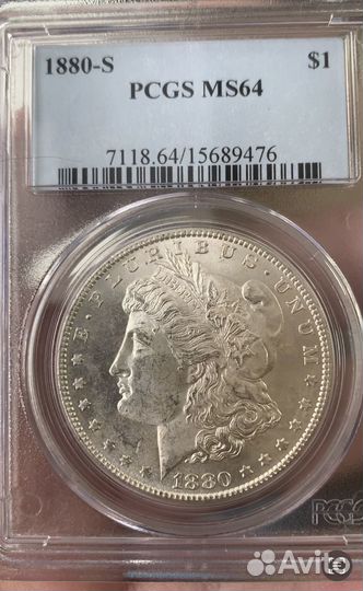 1880-S 1 Серебряный доллар Моргана слаб pcgs MS64