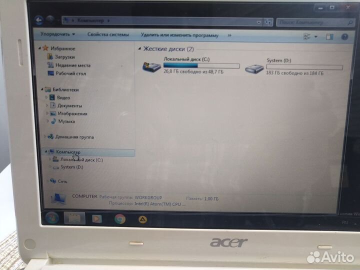 Acer aspire one D257, 250гб, Atom N570, Ram 1 гб