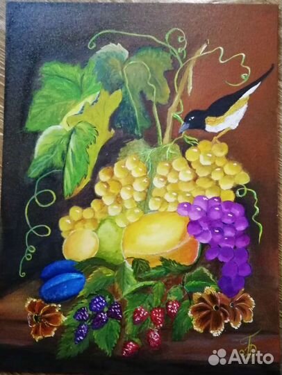 Картина маслом натюрморт с птичкой