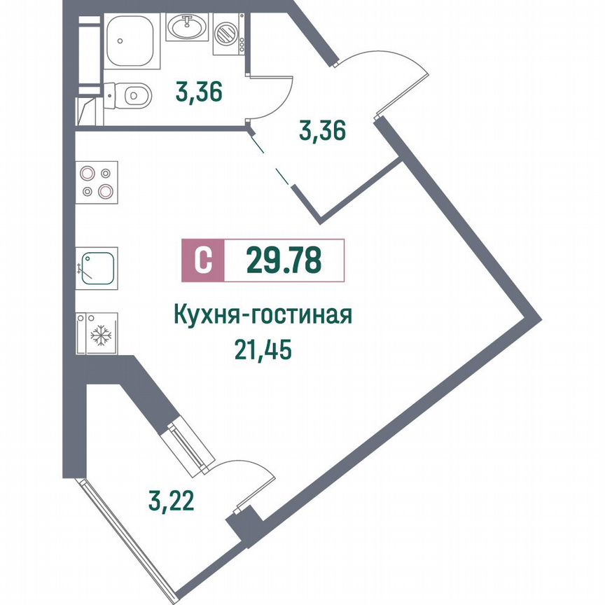 Квартира-студия, 29,8 м², 15/16 эт.
