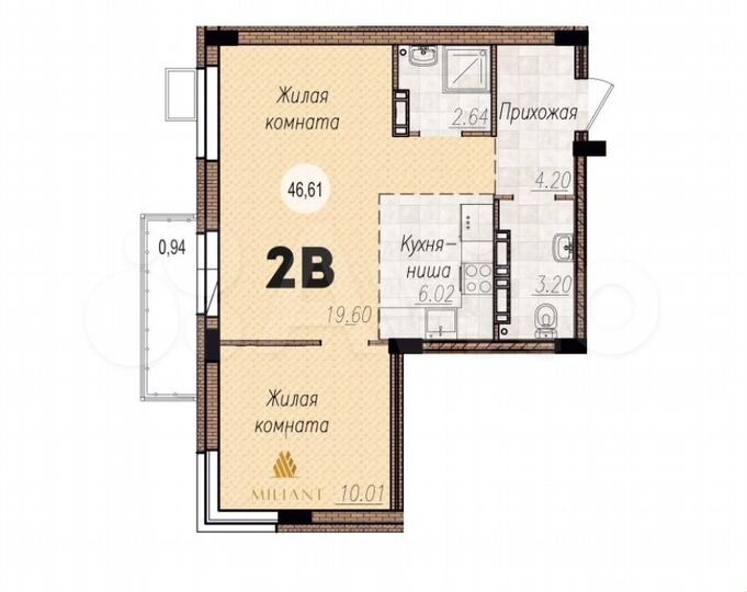 2-к. квартира, 46,6 м², 3/15 эт.
