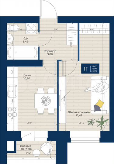 1-к. квартира, 34,1 м², 3/5 эт.