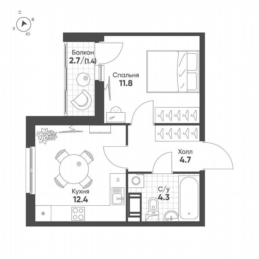 1-к. квартира, 34,6 м², 5/12 эт.