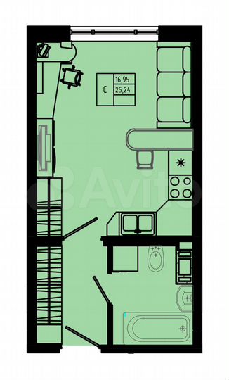 Квартира-студия, 25,2 м², 5/8 эт.