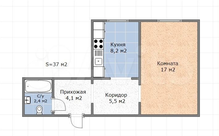 1-к. квартира, 37 м², 4/5 эт.