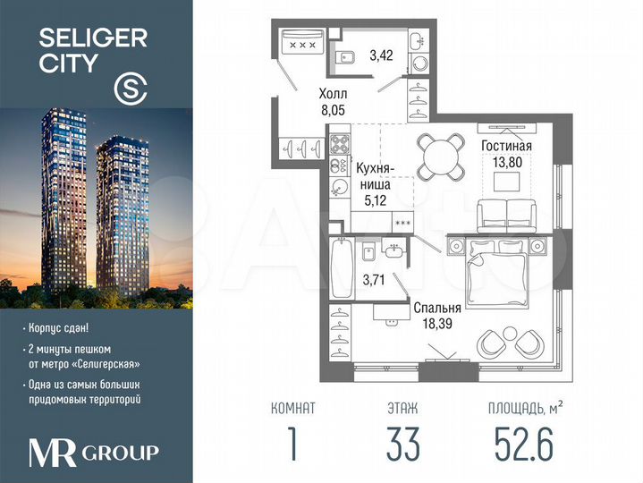 1-к. квартира, 52,6 м², 33/36 эт.