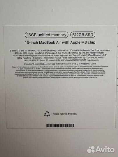 Macbook air 13 M3 16 512