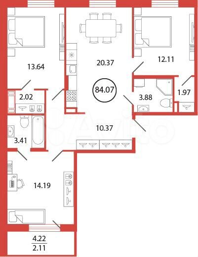 3-к. квартира, 84,1 м², 6/12 эт.