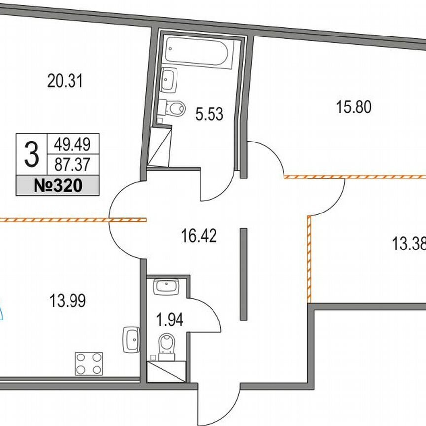 3-к. квартира, 87,4 м², 3/21 эт.