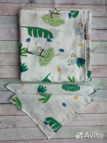 Муслиновая пеленка и 2 платочка (ленивцы)