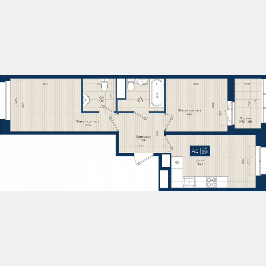 2-к. квартира, 48,8 м², 1/12 эт.
