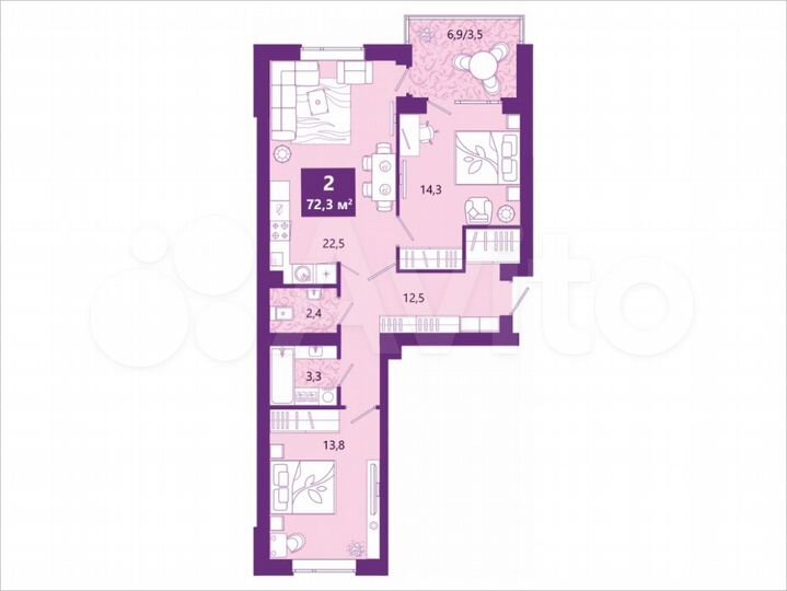 2-к. квартира, 72,3 м², 3/4 эт.