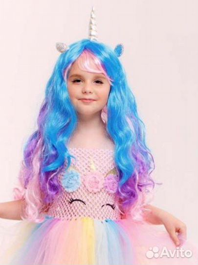 Парик единорога разноцветный с рогом и ушками