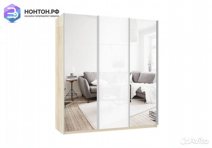 Шкаф-купе 3-х створчатый с зеркалами Прайм белое с