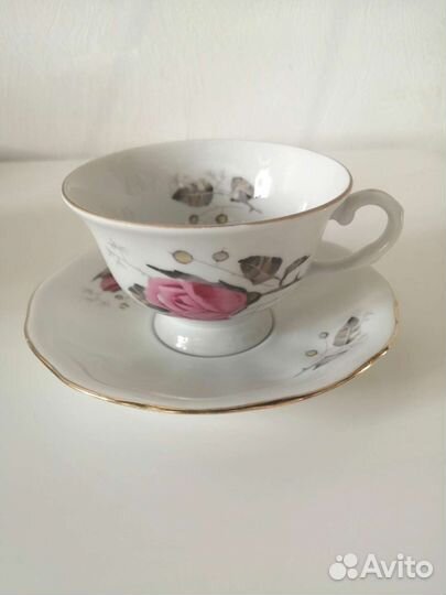 Фарфоровые чайные пары и блюдо. Винтаж. Польша
